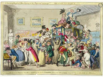 A Swarm of English Bees Hiving in the Imperial Carriage!! - Who Would Have Thought It!! A Scene at the London Museum, Piccadilly, or A Peep at the Spoils of Ambition taken at the Battle of Waterloo